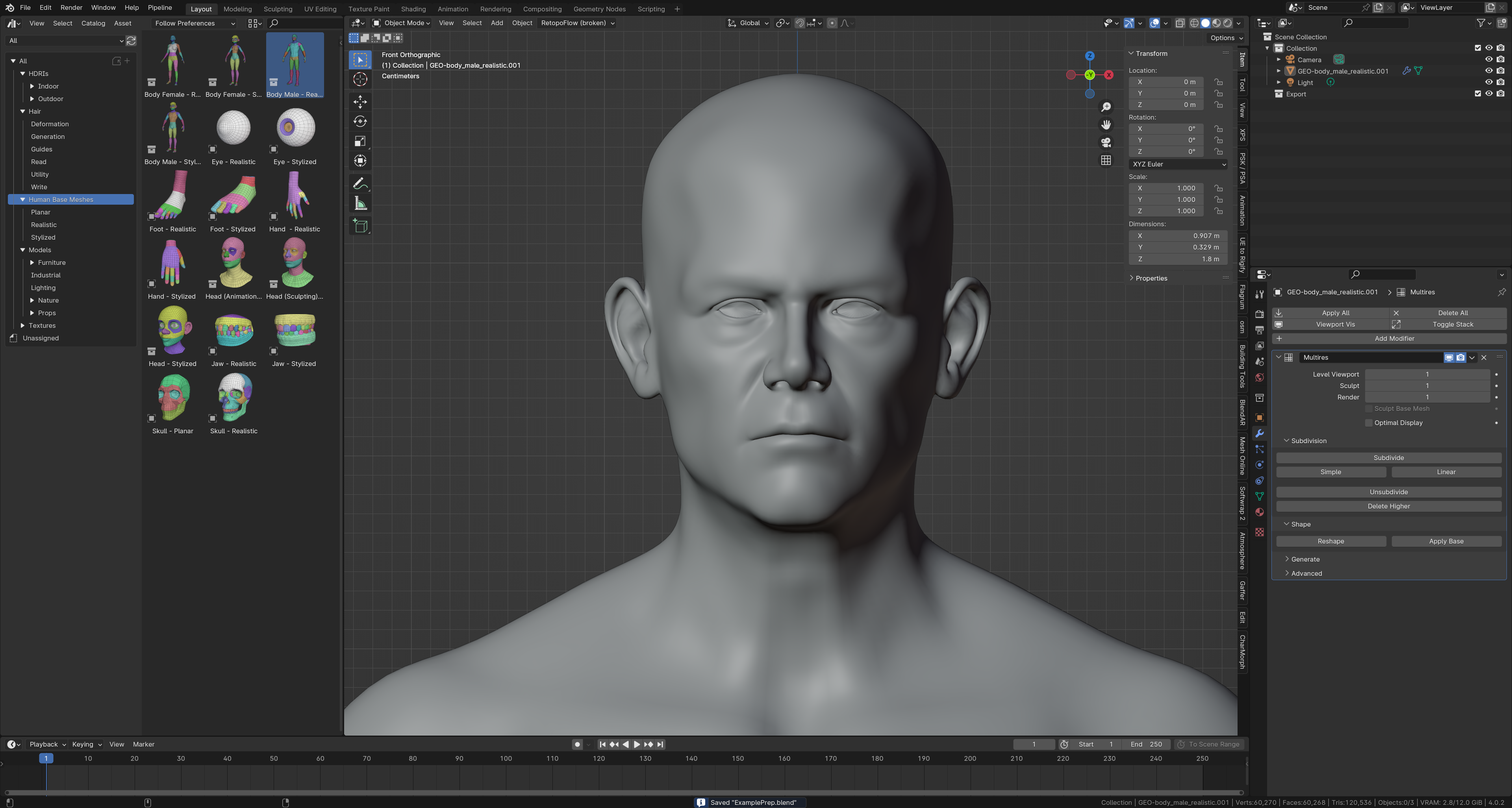 Image of Einar from Blender Studio's Human Base meshes without Eyes with Multires modifier