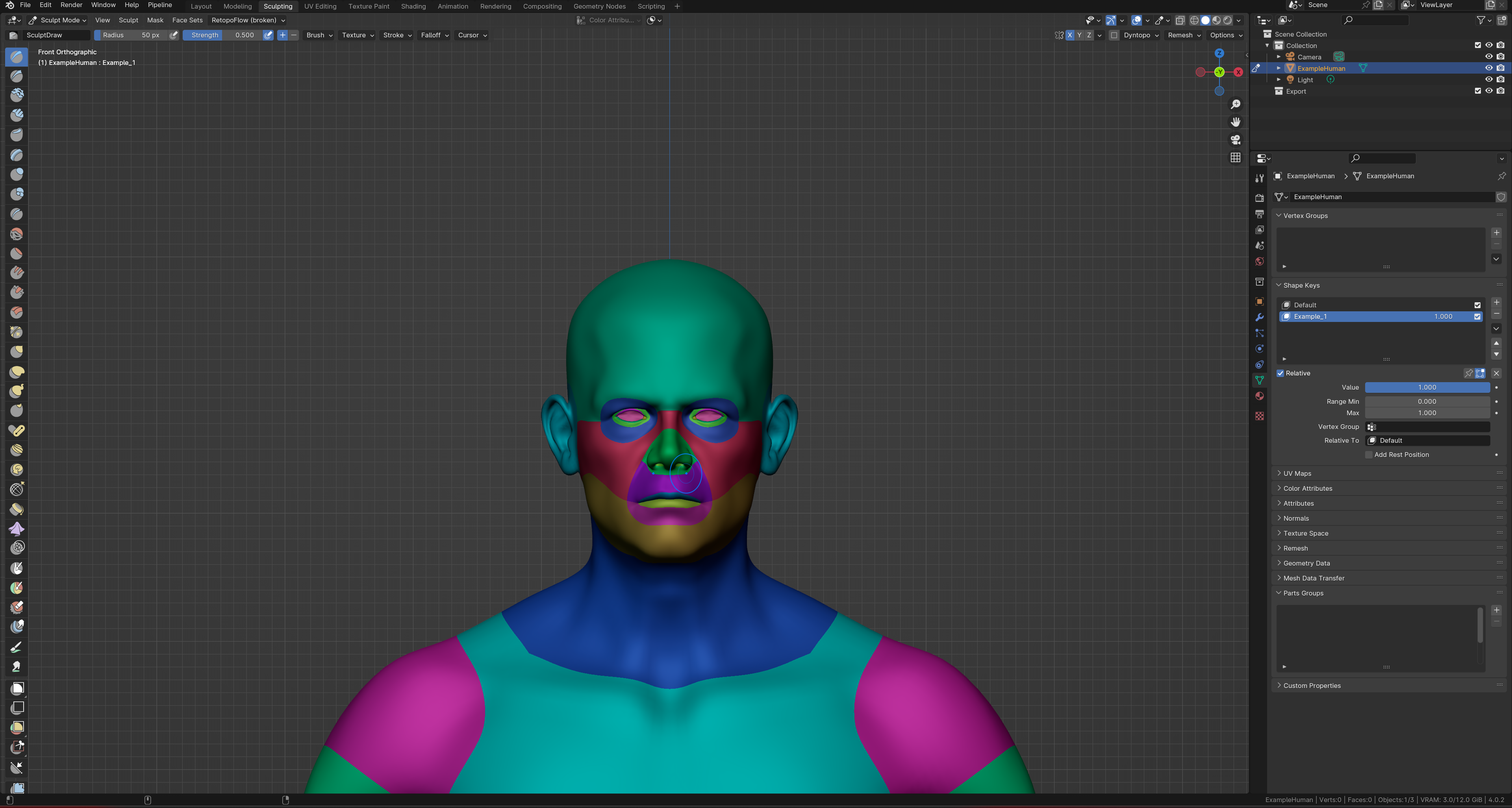 Image of Blender Sculpting mode with Shapekey as active sculpt.