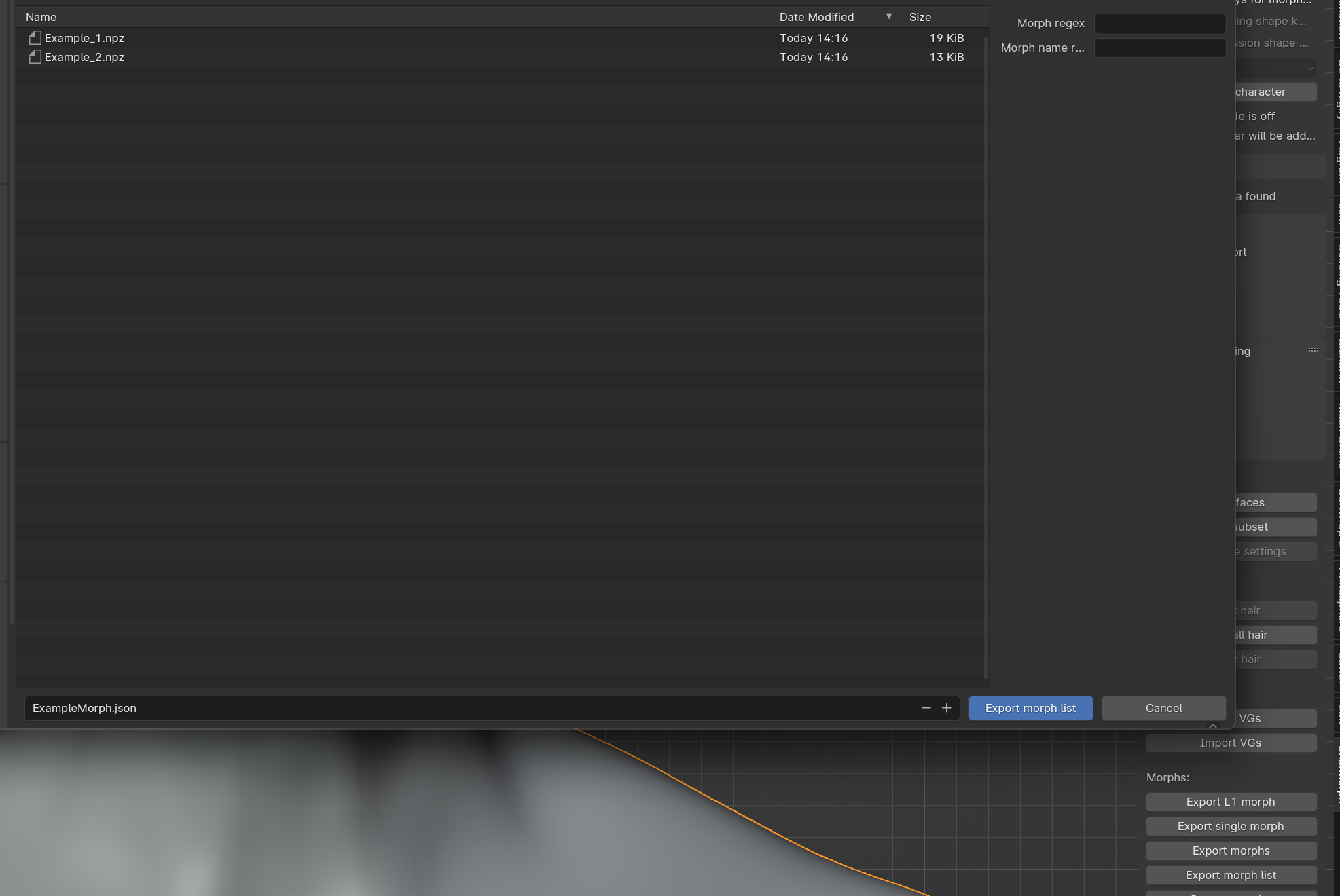 Image of Export Morphs list menu