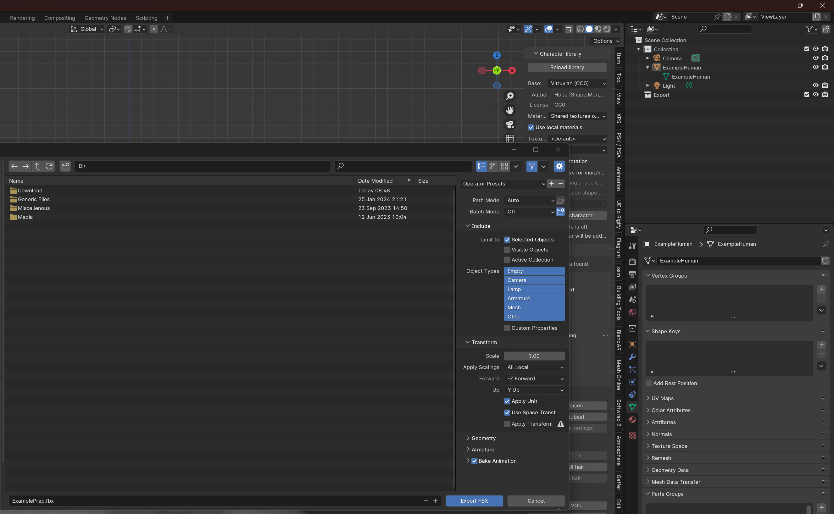 Image of Blender's FBX Export menu.