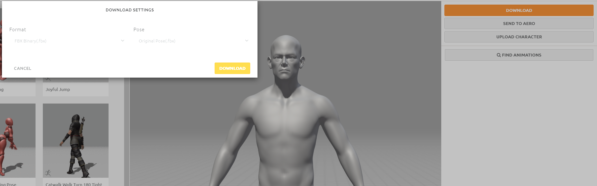 Image of Mixamo's Download menu