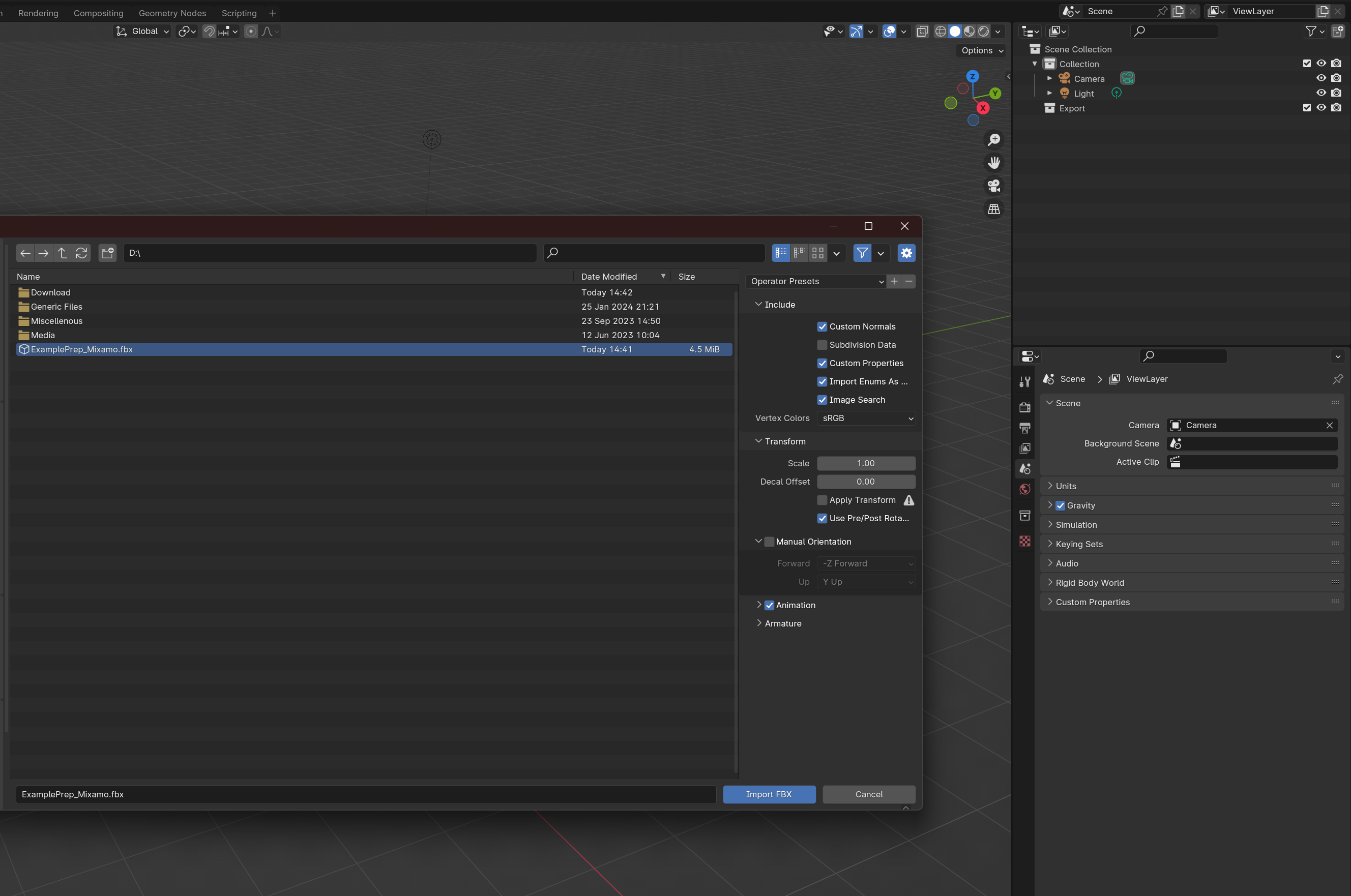 Image of Blender's FBX import menu