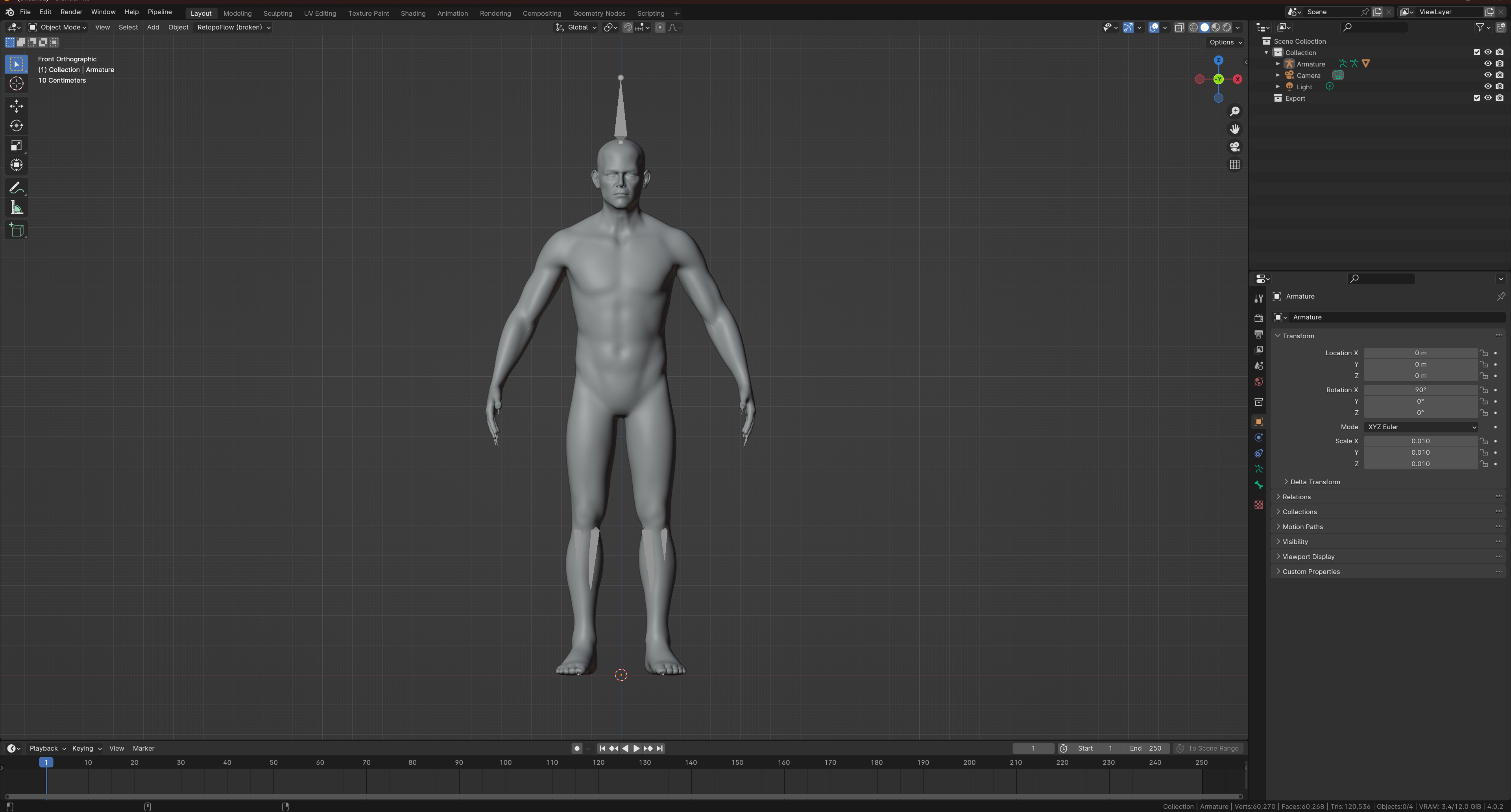 Image of the imported mesh and skeleton in Blender's viewport.