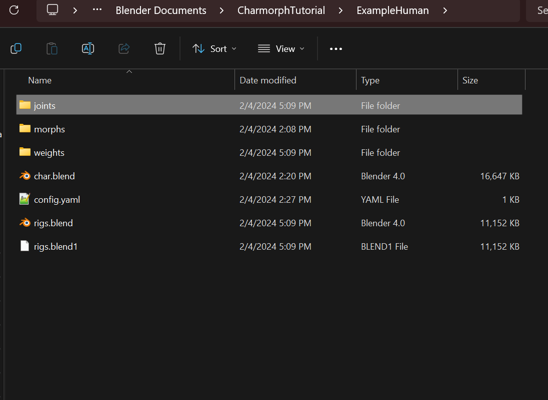 Image of Windows Explorer, with joints and weights folders created in the character folder.