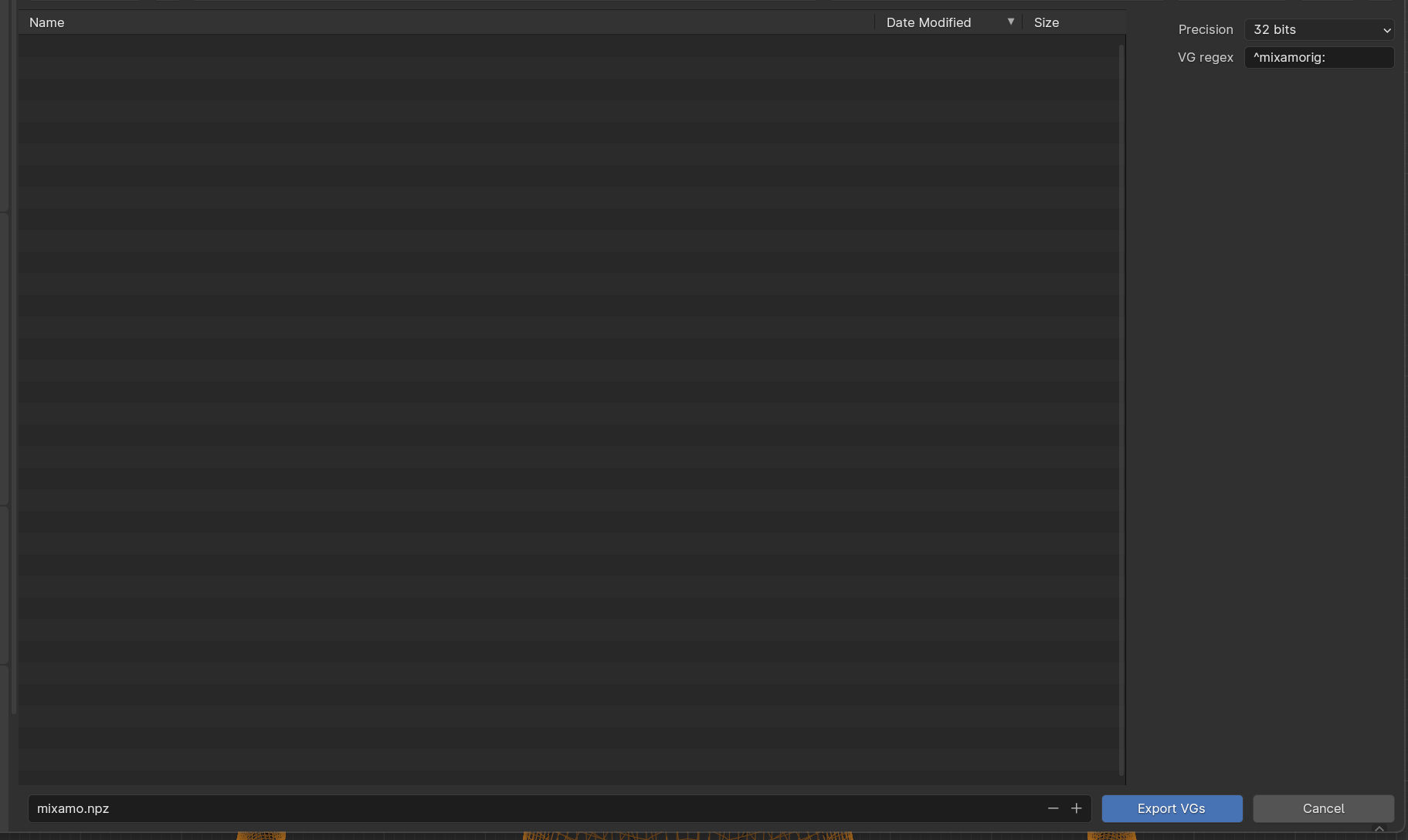 Image of Blender with the export vgs menu open with regex.