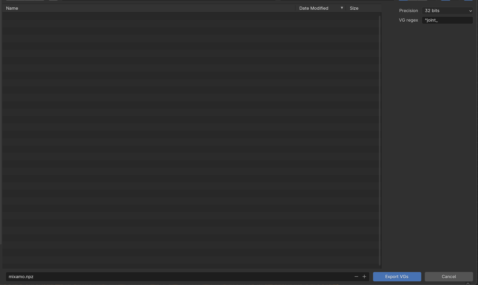 Image of Blender with the export vgs menu open with different regex.